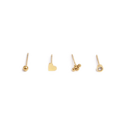 Pure Steel Heart + Ball Stud Earrings - Gold