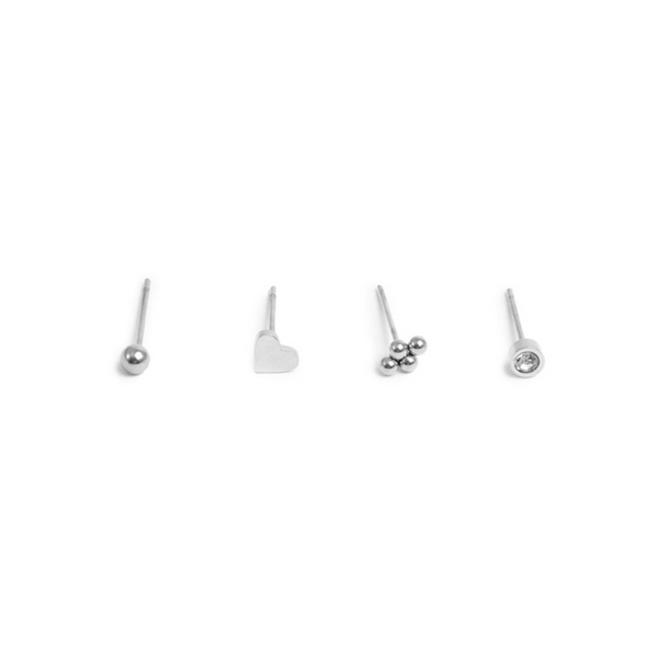 Pure Steel Heart + Ball Stud Earrings - Silver