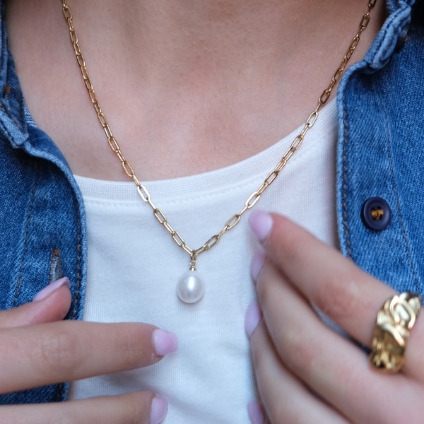 Pure Steel Necklace With Pearl Drop - Gold