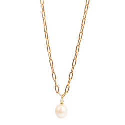 Pure Steel Necklace With Pearl Drop - Gold