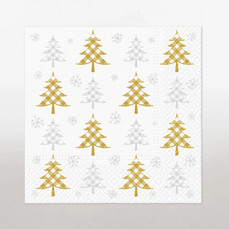 Christmas Tree Paper Napkins - Gold + Silver Check