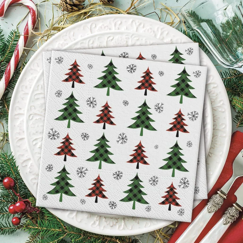 Christmas Trees Paper Napkins - Red + Green Check